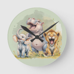 Horloge Ronde Animaux de Safari Lion Hippopotame Éléphant