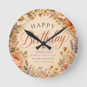 Horloge Ronde Anniversaire floral personnalisé avec des fleurs r
