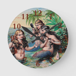Horloge Ronde Antique Victoriens Sirènes Trésor Navire Vintage