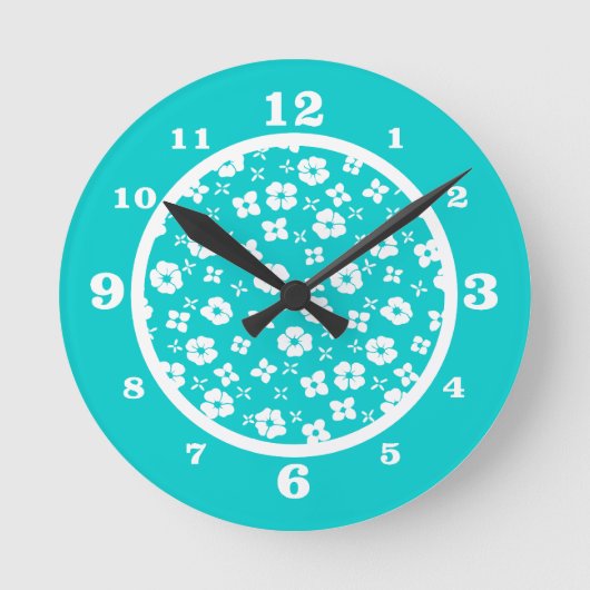 Horloge Ronde Aqua & Fleurs blanches (Recto)