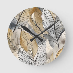 Horloge Ronde aquarelle à feuilles organiques, gris or