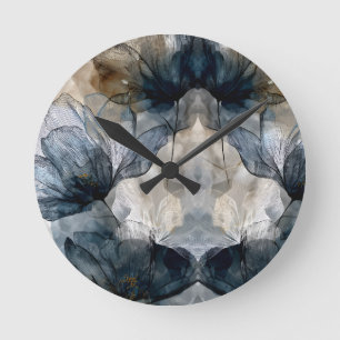 Horloge Ronde Aquarelle Abstraite Florale Bleue Élégante