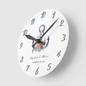 Horloge Ronde Aquarelle Ancre Fleurs Nautiques (Angle)