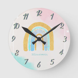 Horloge Ronde Aquarelle Arc-en-ciel Paillettes d'Or