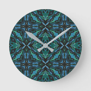 Horloge Ronde Aquarelle Bleu Vert Azulejo Carrelage espagnol