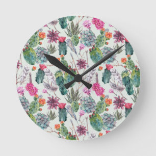 Horloge Ronde Aquarelle de bois exotique Cactus et Motif succule