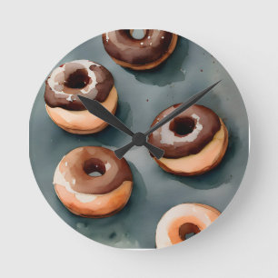 Horloge Ronde Aquarelle de Donuts au chocolat
