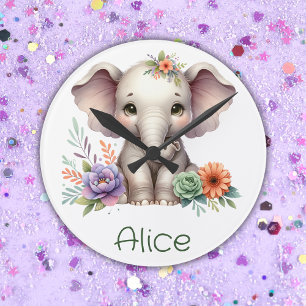 Horloge Ronde Aquarelle Eléphante Cute Avec Nom Monogramme