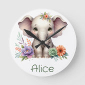 Horloge Ronde Aquarelle Eléphante Cute Avec Nom Monogramme | (Recto)