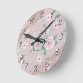 Horloge Ronde Aquarelle Fleurs Rose or Monogramme (Angle)