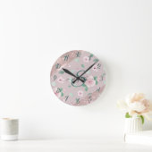 Horloge Ronde Aquarelle Fleurs Rose or Monogramme (Maison)