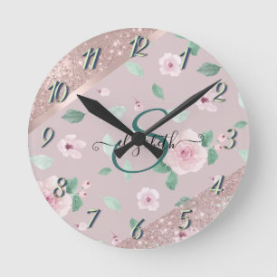 Horloge Ronde Aquarelle Fleurs Rose or Monogramme