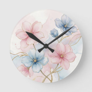 Horloge Ronde Aquarelle florale rose bleu élégant