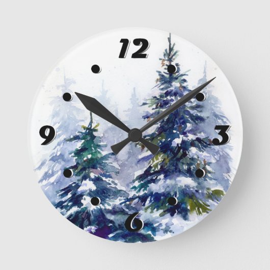 Horloge Ronde Aquarelle forêt d'hiver sapin moderne (Recto)