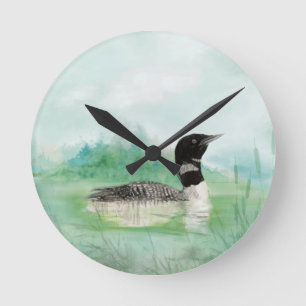 Horloge Ronde Aquarelle Loon commun Nature sauvage Oiseau Art