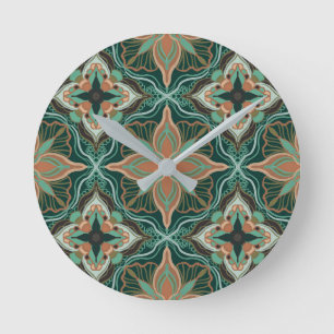 Horloge Ronde Aquarelle Marocaine Turquoise Carrelage Floral