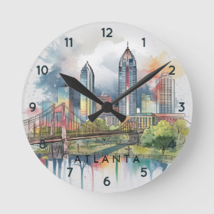 Horloge Ronde Aquarelle moderne Atlanta Georgia stylisée