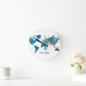 Horloge Ronde Aquarelle moderne Carte du monde bleu vert (Maison)