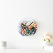 Horloge Ronde Aquarelle orange fleurs rose illustration flowe (Maison)