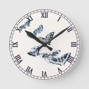 Horloge Ronde Aquarelle papillon japonais vintage bleu