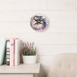 Horloge Ronde Aquarelle Perse Chat Portrait coloré