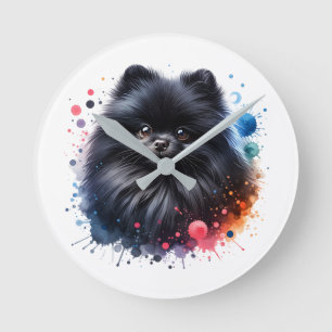 Horloge Ronde Aquarelle poméranienne noire