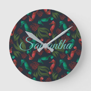 Horloge Ronde Aquarelle Seahorse Bleu Nautique Personnalisé