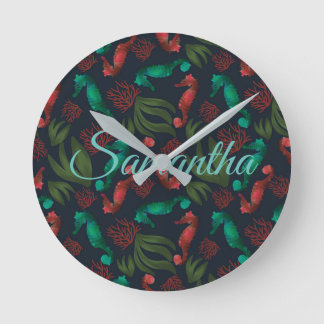 Horloge Ronde Aquarelle Seahorse Bleu Nautique Personnalisé