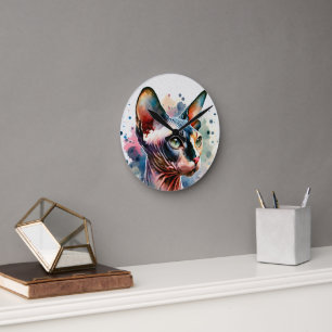 Horloge Ronde Aquarelle Sphynx Chat Portrait Artistique