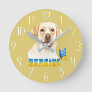 Horloge Ronde Aquarelle Ukraine Labrador jaune et papillon