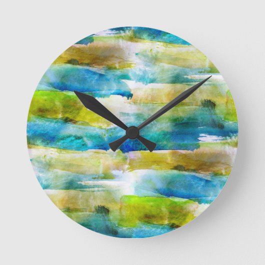 Horloge Ronde Aquarelle vert abstrait, bleu (Recto)