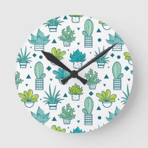 Horloge Ronde Aquarelle verte et bleue Motif succulent