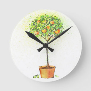 Horloge Ronde Arbre d'agrume peint d'aquarelle dans le pot