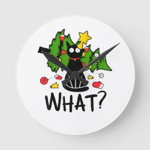 Horloge Ronde Arbre de Noël drôle de chat noir Noël joyeux Santa