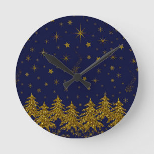Horloge Ronde Arbre de Noël en or brillant, étoiles, neige sur b
