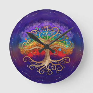 Horloge Ronde Arbre de vie Golden Swirl et Rainbow