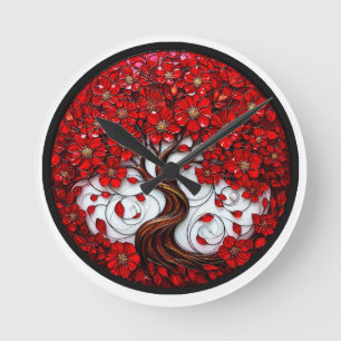Horloge Ronde Arbre Fleur Rouge Vibrant avec des Détails Stylés