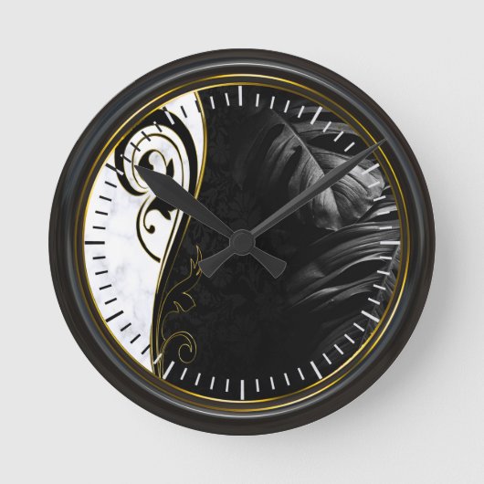 Horloge Ronde Ardemment noir encadré, Marbre blanc, graphique (Recto)