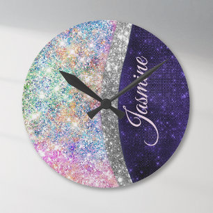 Horloge Ronde argent faux scintillant violet iridescent monogram