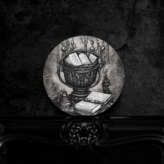 Horloge Ronde Argent Steampunk Cauldron Spellbooks et Potions