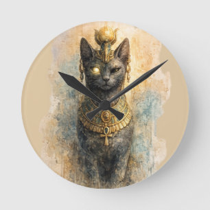 Horloge Ronde Art aquarelle de la déesse féline Bastet de l'Égyp
