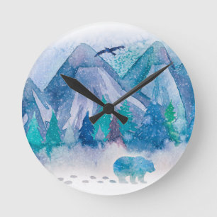 Horloge Ronde Art de paysage de montagne hivernal à l'aquarelle 