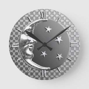 Horloge Ronde Art Déco Lune et Étoiles, Hématite Gris & Argen