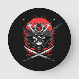 Horloge Ronde Art du guerrier Samurai Crâne Soleil Levant