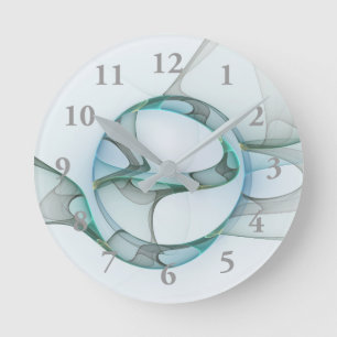 Horloge Ronde Art fractal abstrait moderne bleu turquoise gris
