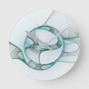 Horloge Ronde Art fractal bleu turquoise gris Élégance abstraite