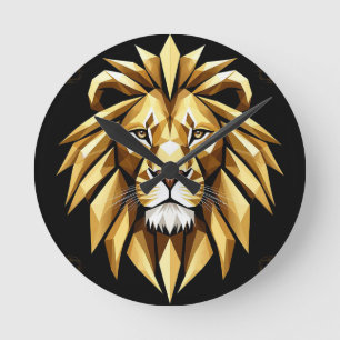 Horloge Ronde Art géométrique abstrait de lion avec ton doré int