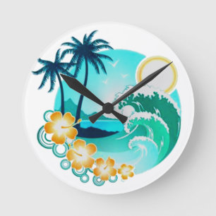 HORLOGE RONDE ART TROPICAL HAWAÏEN DE SURF