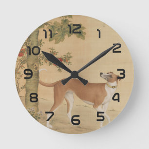 Horloge Ronde Art vintage du lévrier chinois et de l'oiseau