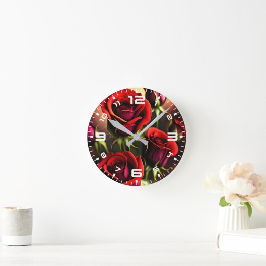Horloge Ronde Artwork numérique Fleurs de rose rouge-58567 (Maison)